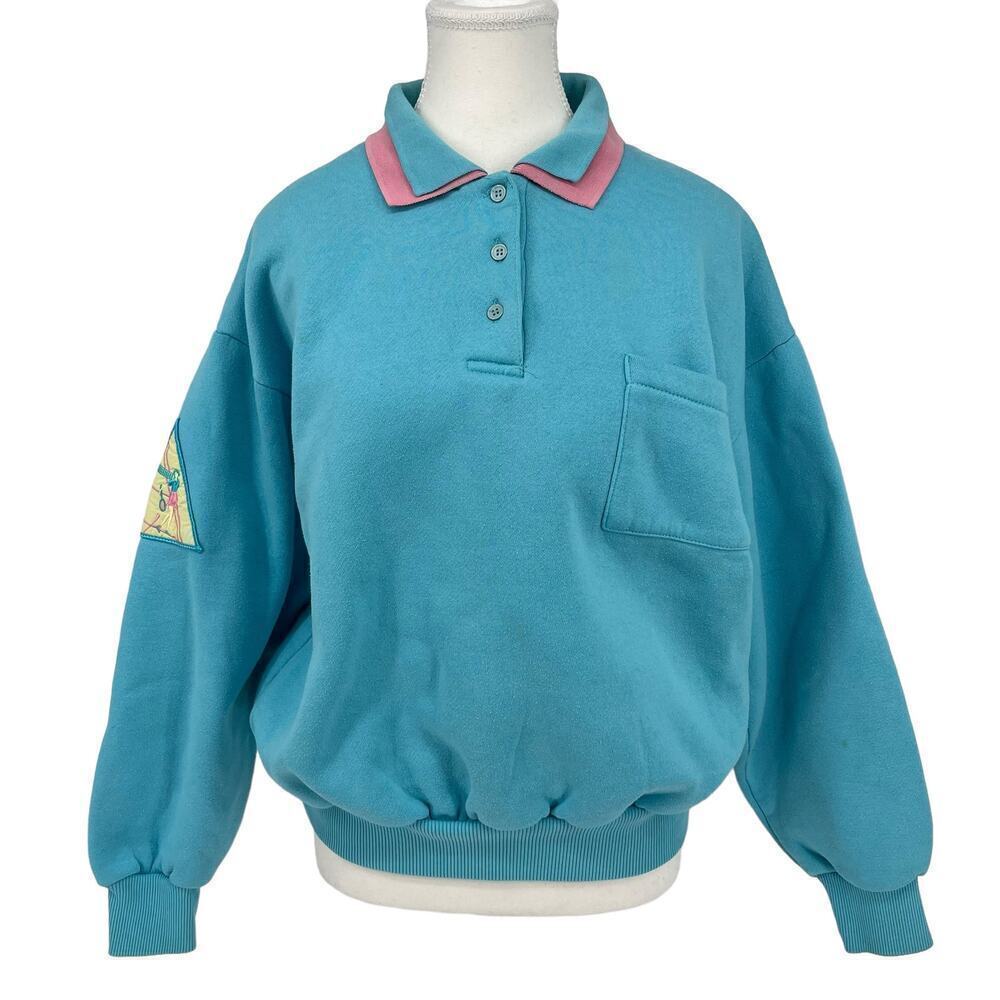 Vintage‎ 90’s Retro Sport Tennis Sweatshirt Profile Polo Collar Blue Medium